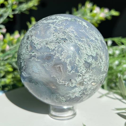 Moss Agate Sphere with Tiny Druzy Pockets Diameter approximately 3.03" (77 mm) Weight: 595 g (1 lb 5 oz)