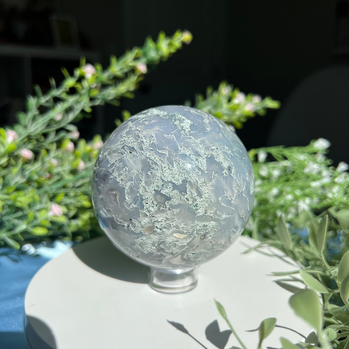 Moss Agate Sphere with Tiny Druzy Pockets Diameter approximately 3.03" (77 mm) Weight: 595 g (1 lb 5 oz)