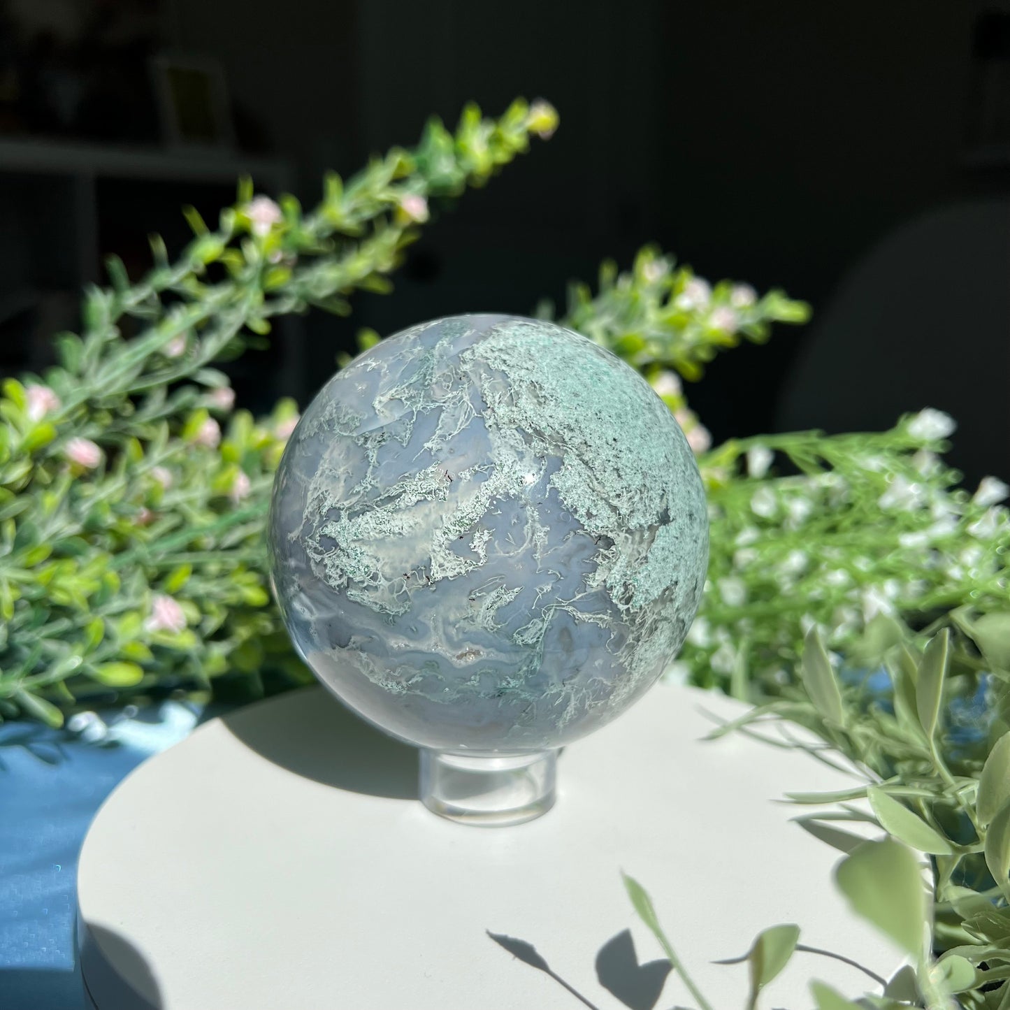 Moss Agate Sphere with Tiny Druzy Pockets Diameter approximately 3.03" (77 mm) Weight: 595 g (1 lb 5 oz)