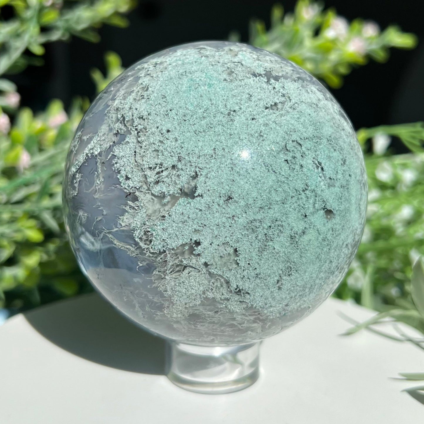 Moss Agate Sphere with Tiny Druzy Pockets Diameter approximately 3.03" (77 mm) Weight: 595 g (1 lb 5 oz)