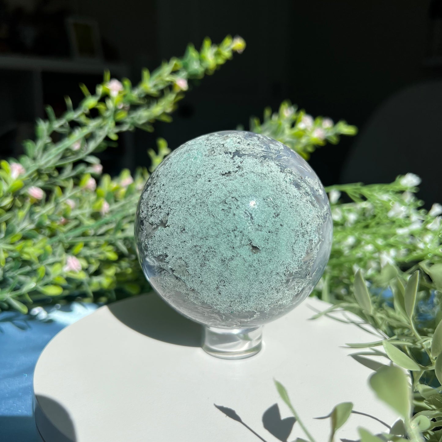 Moss Agate Sphere with Tiny Druzy Pockets Diameter approximately 3.03" (77 mm) Weight: 595 g (1 lb 5 oz)