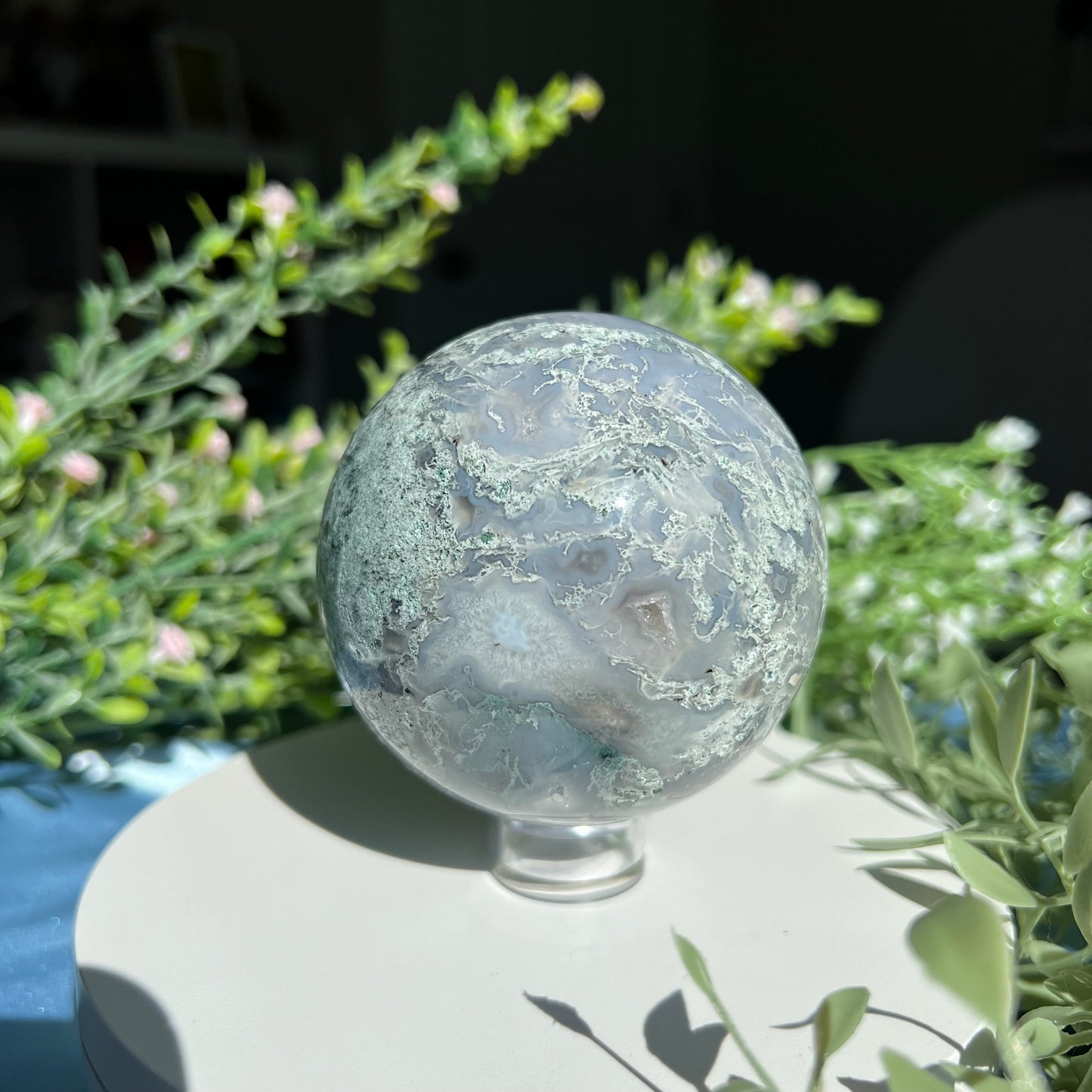 Moss Agate Sphere with Tiny Druzy Pockets Diameter approximately 3.03" (77 mm) Weight: 595 g (1 lb 5 oz)