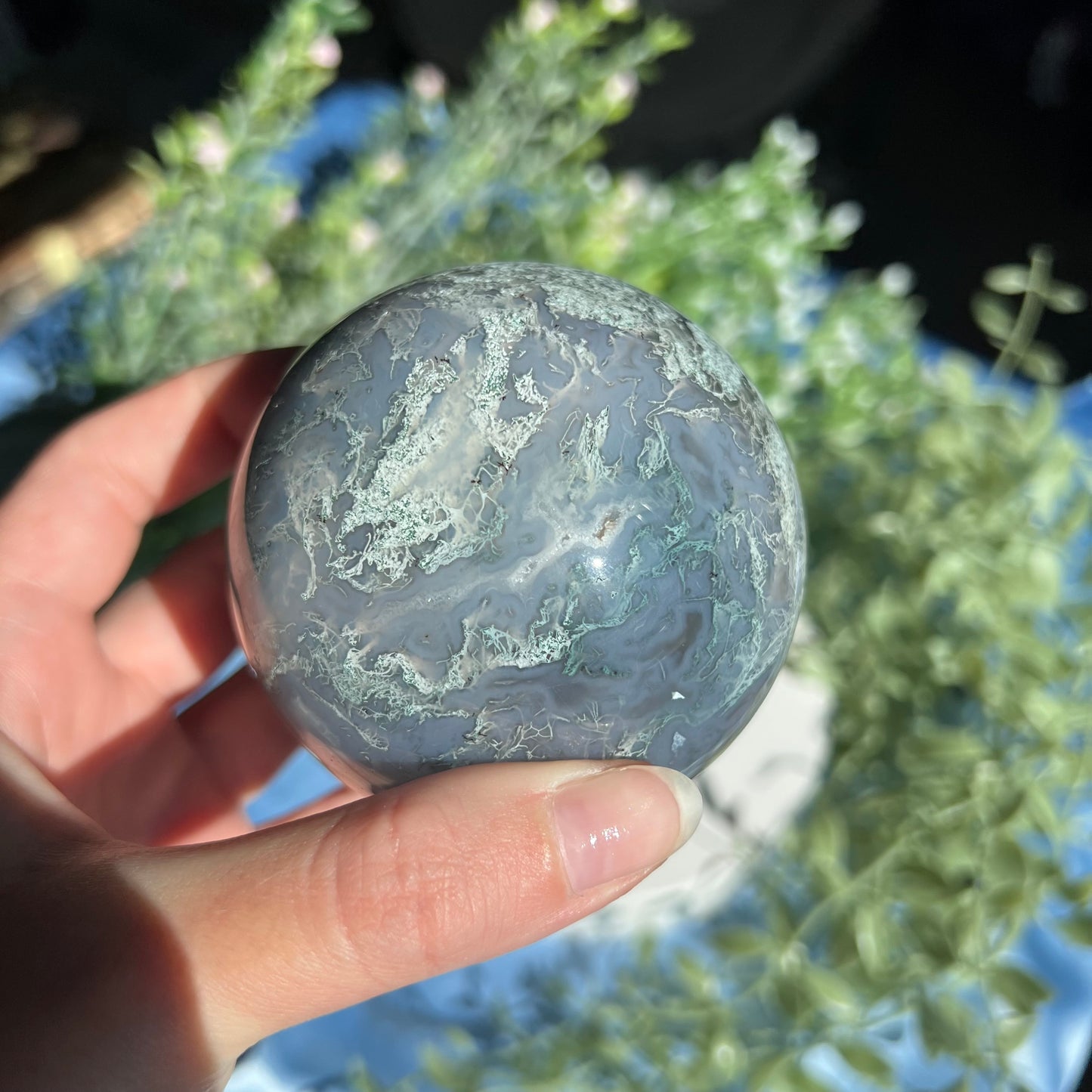 Moss Agate Sphere with Tiny Druzy Pockets Diameter approximately 3.03" (77 mm) Weight: 595 g (1 lb 5 oz)