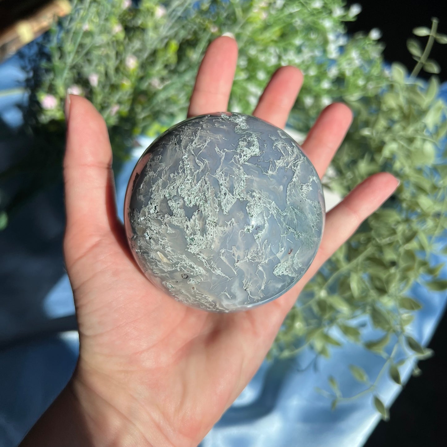 Moss Agate Sphere with Tiny Druzy Pockets Diameter approximately 3.03" (77 mm) Weight: 595 g (1 lb 5 oz)