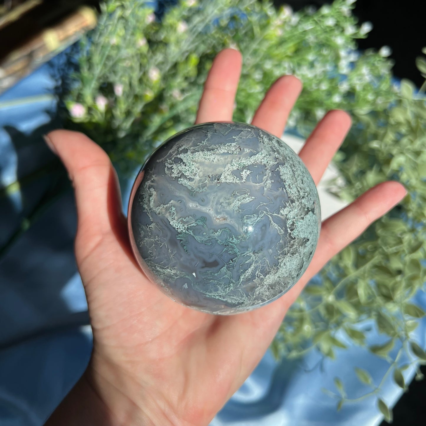 Moss Agate Sphere with Tiny Druzy Pockets Diameter approximately 3.03" (77 mm) Weight: 595 g (1 lb 5 oz)