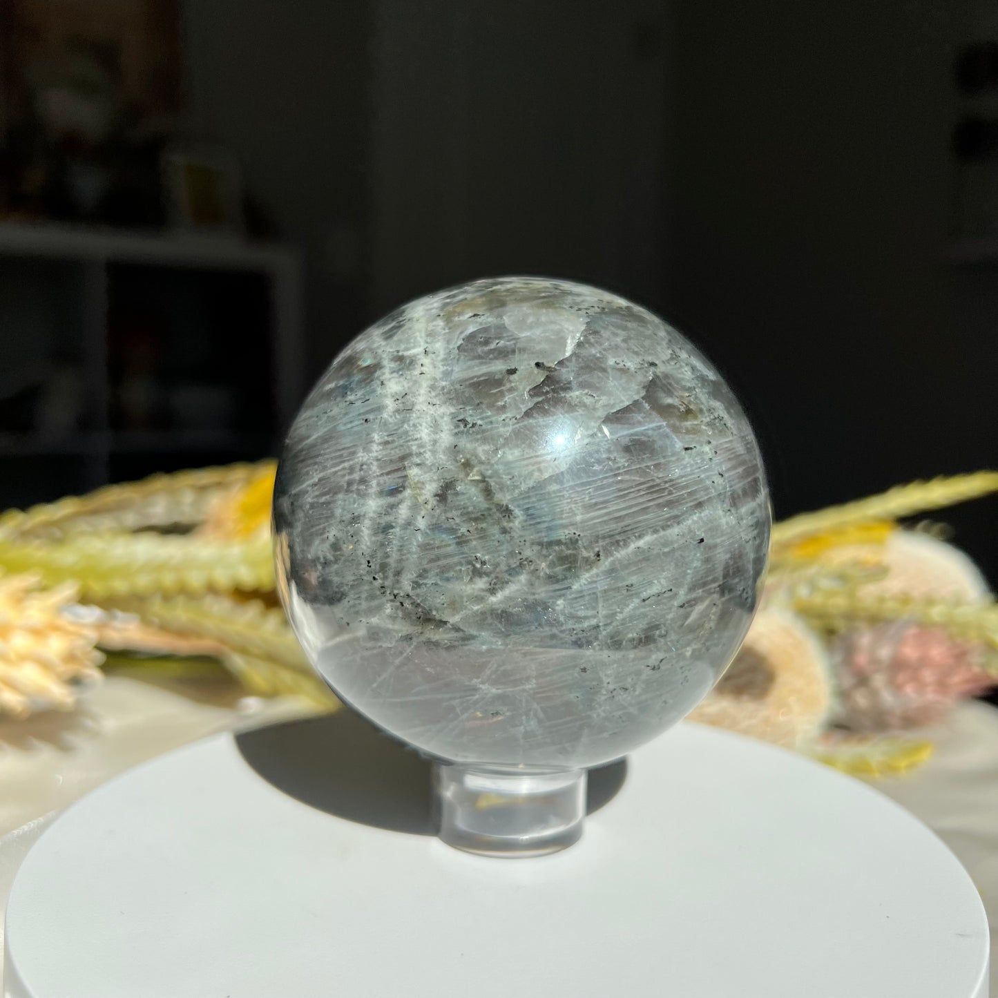 Pink, Blue and Purple Labradorite Sphere Diameter 3.09" (78 mm) Weight 687 g (1 lb 8.3 oz)