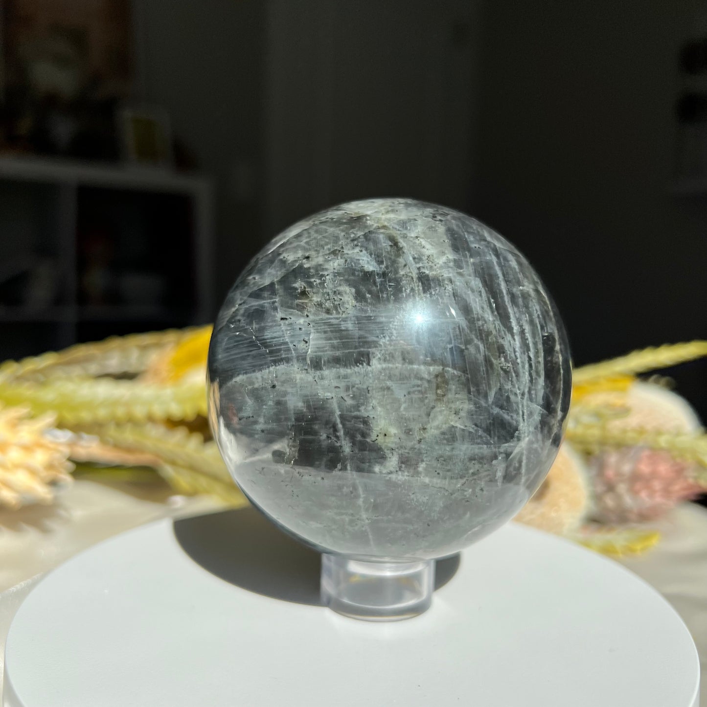 Pink, Blue and Purple Labradorite Sphere Diameter 3.09" (78 mm) Weight 687 g (1 lb 8.3 oz)