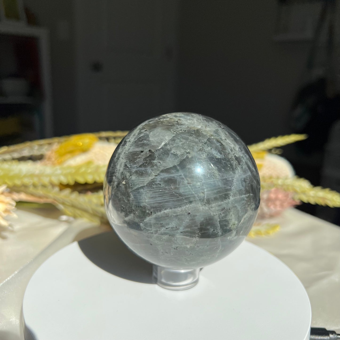 Pink, Blue and Purple Labradorite Sphere Diameter 3.09" (78 mm) Weight 687 g (1 lb 8.3 oz)