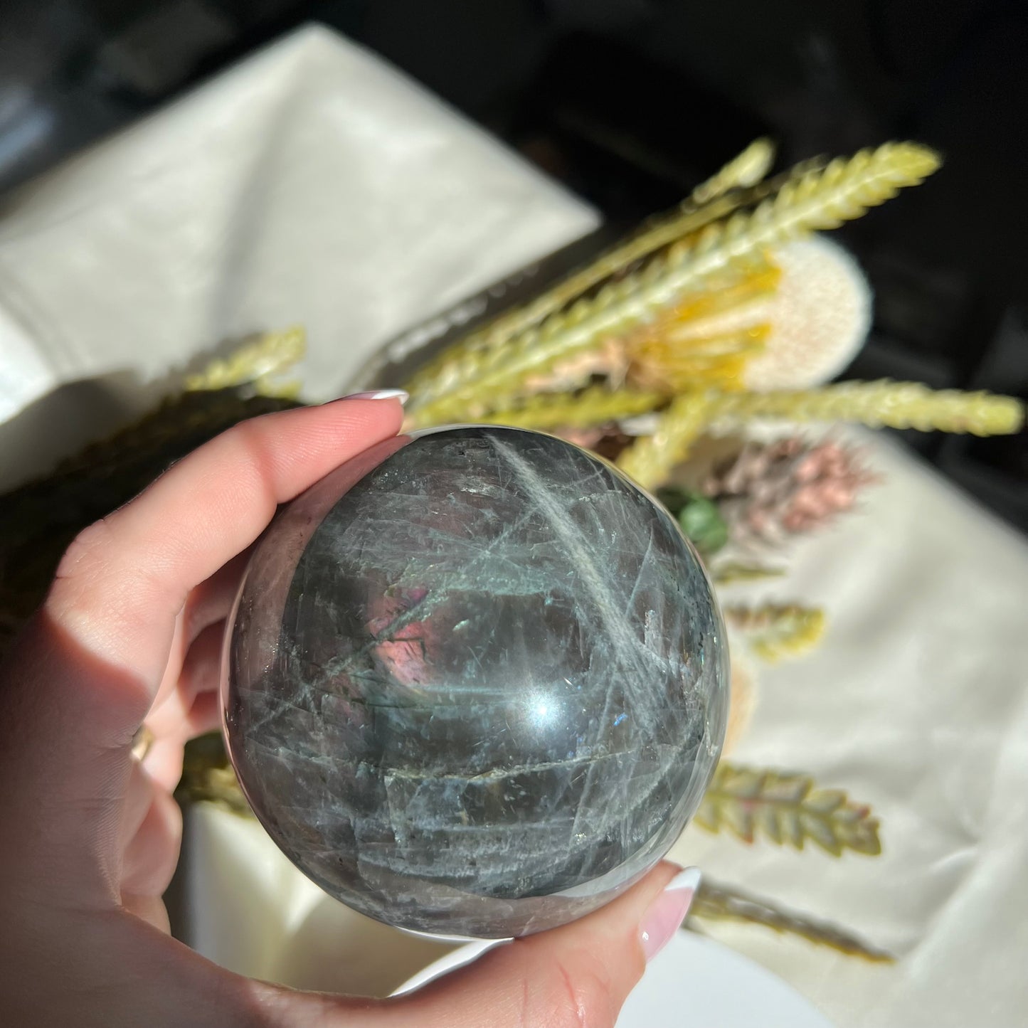 Pink, Blue and Purple Labradorite Sphere Diameter 3.09" (78 mm) Weight 687 g (1 lb 8.3 oz)