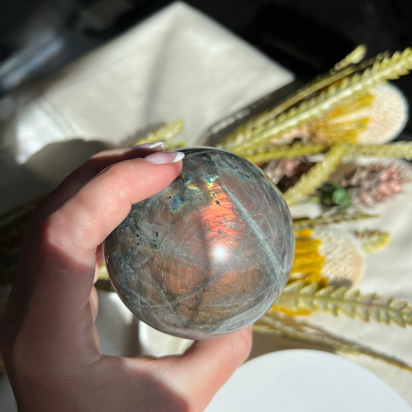 Pink, Blue and Purple Labradorite Sphere Diameter 3.09" (78 mm) Weight 687 g (1 lb 8.3 oz)