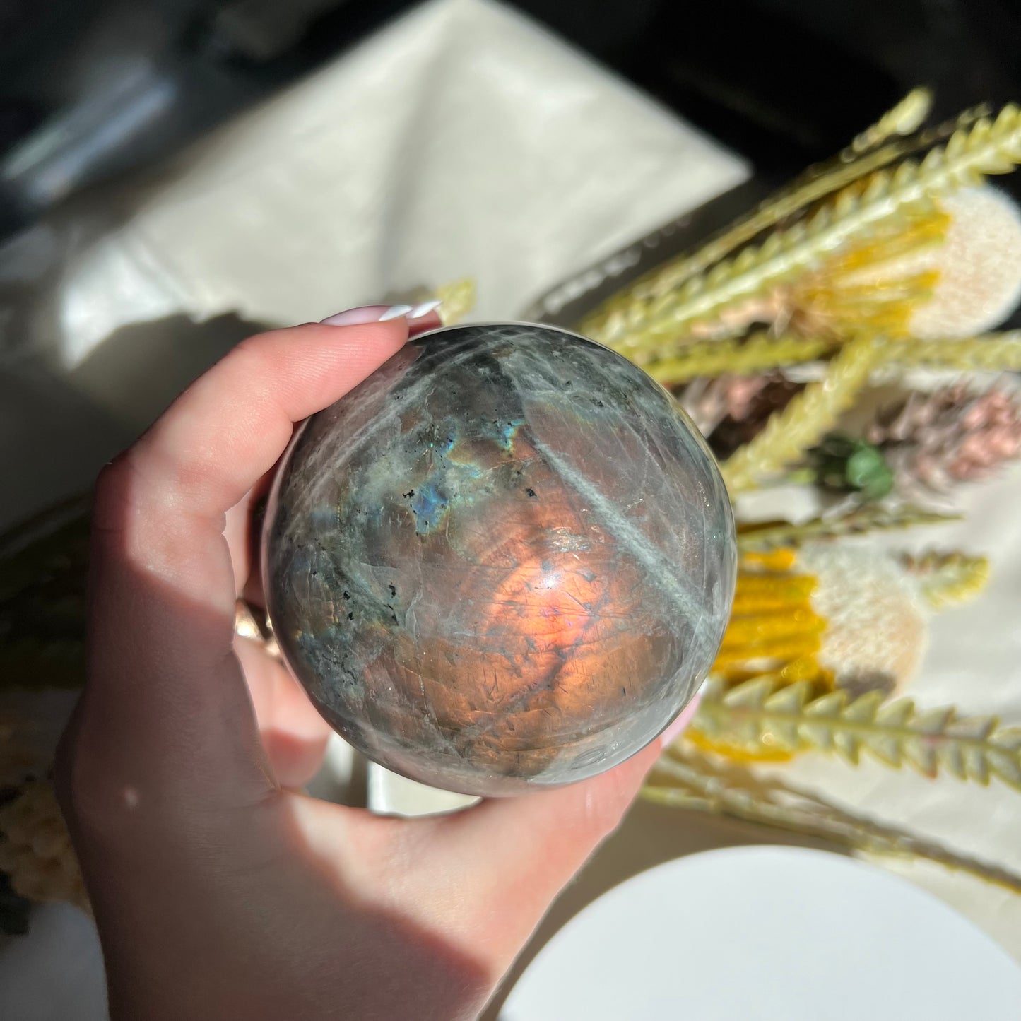 Pink, Blue and Purple Labradorite Sphere Diameter 3.09" (78 mm) Weight 687 g (1 lb 8.3 oz)