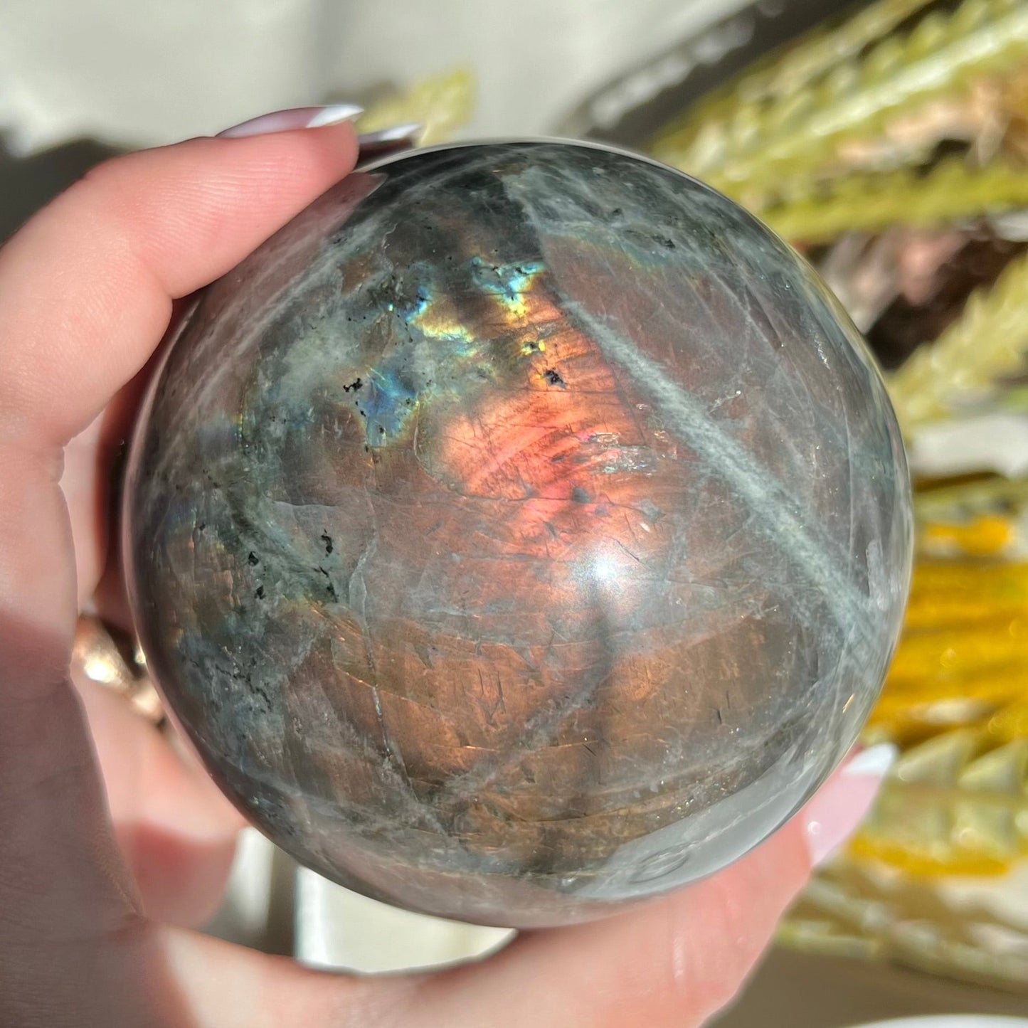 Pink, Blue and Purple Labradorite Sphere Diameter 3.09" (78 mm) Weight 687 g (1 lb 8.3 oz)