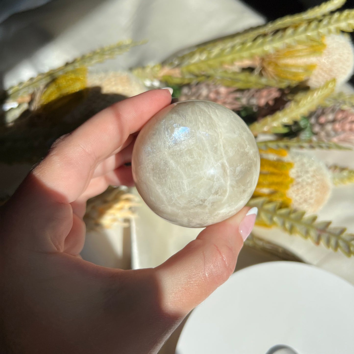 White Moonstone Sphere Diameter approximately: 2.19" (55 mm)