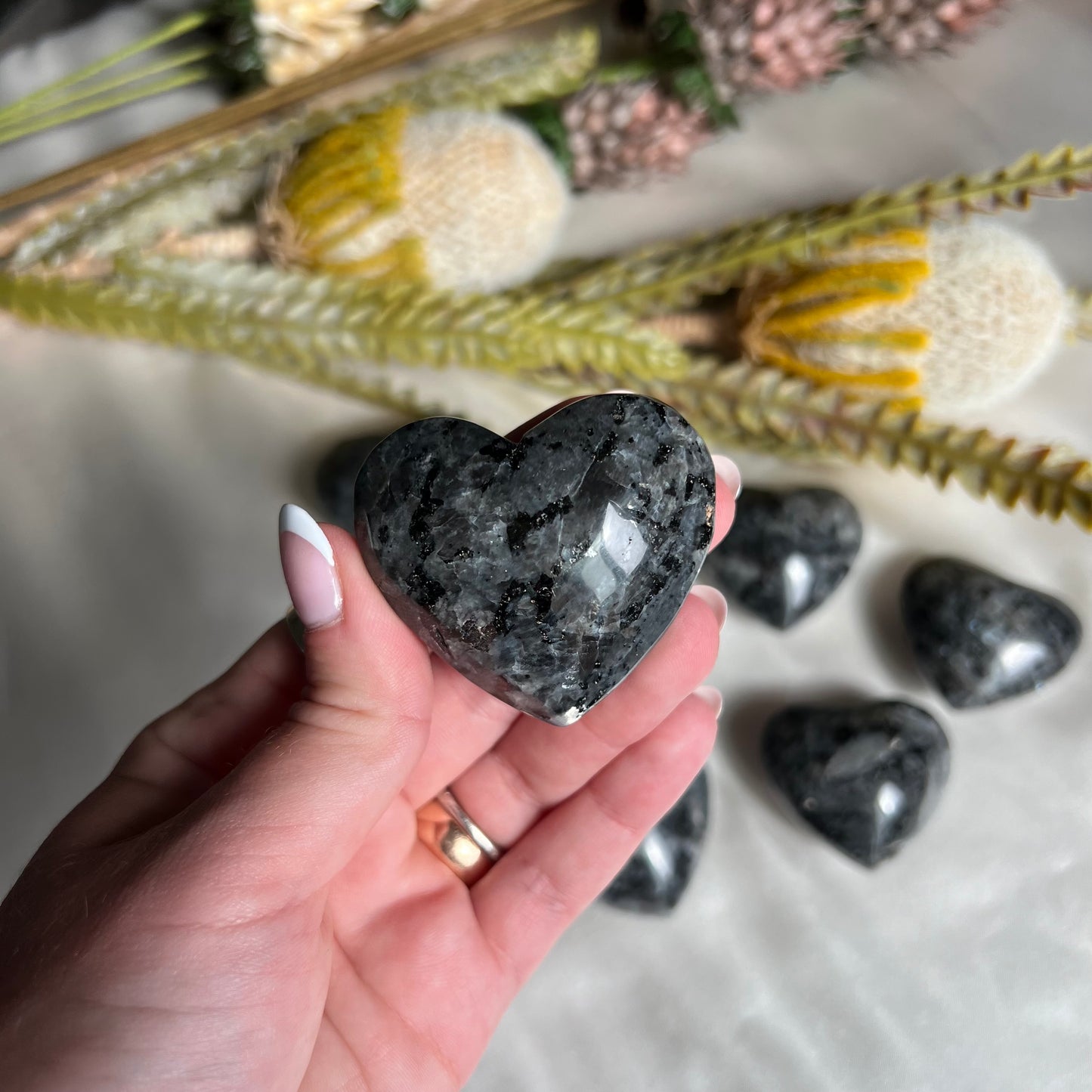 Flashy Larvikite Heart Carving from Norway