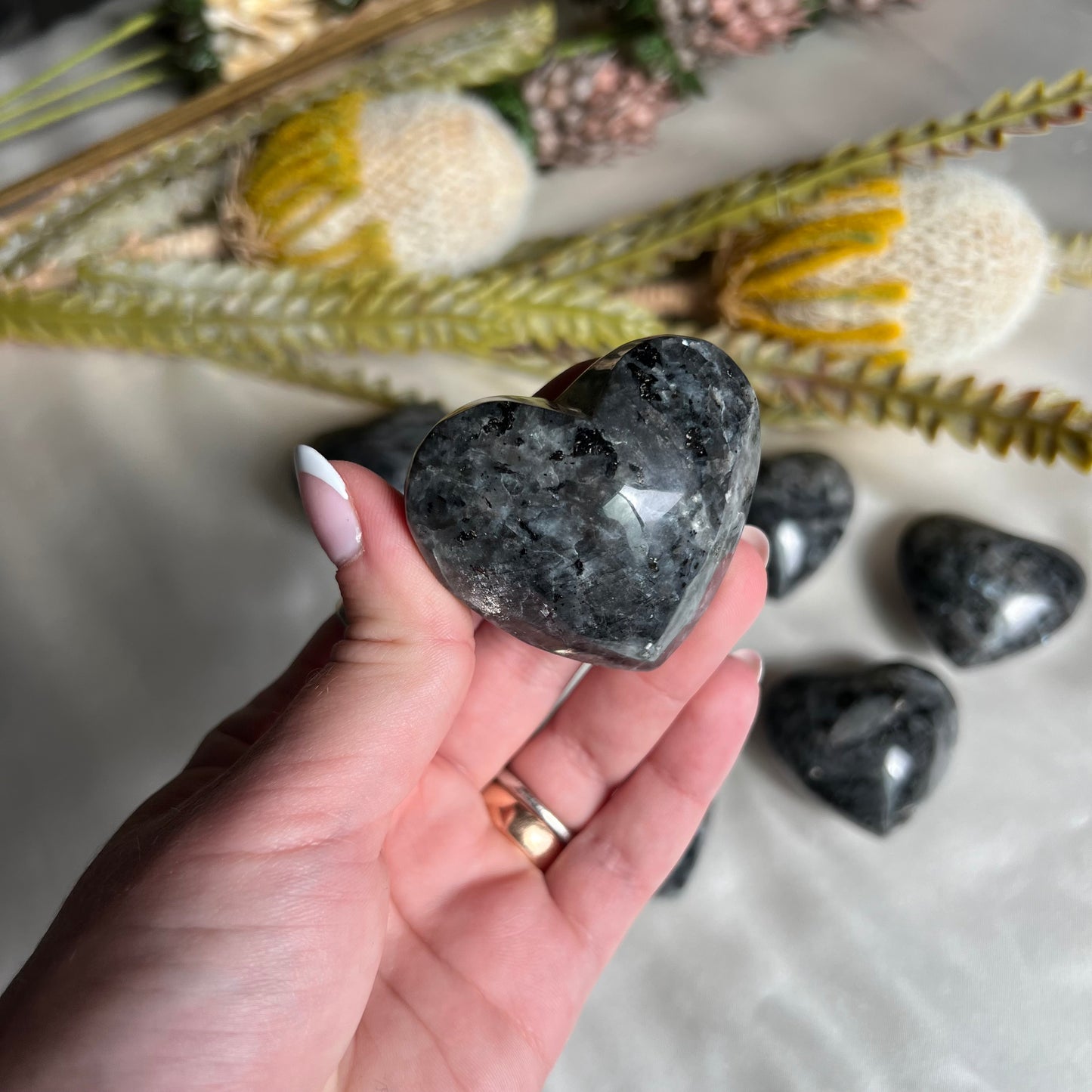 Flashy Larvikite Heart Carving from Norway