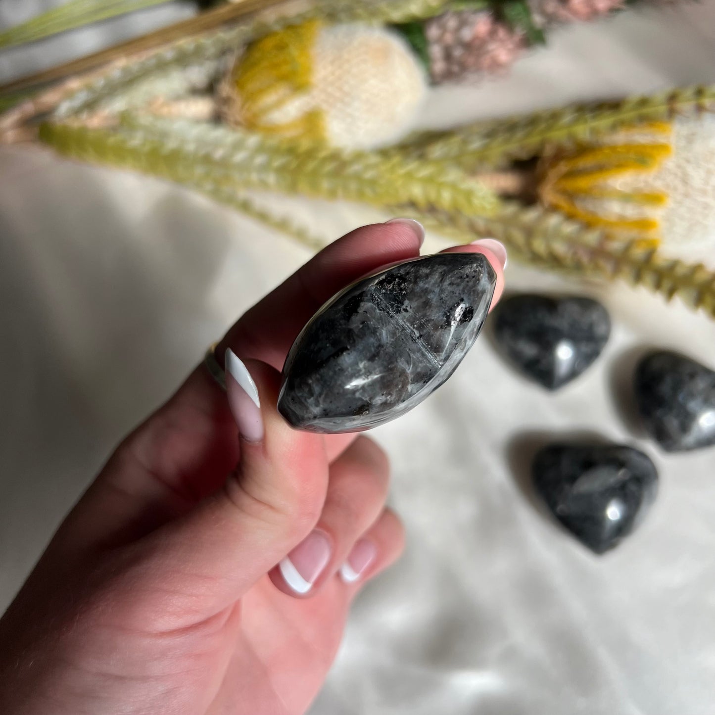 Flashy Larvikite Heart Carving from Norway