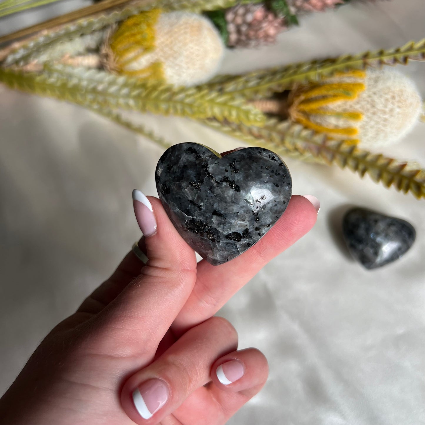 Flashy Larvikite Heart Carving from Norway