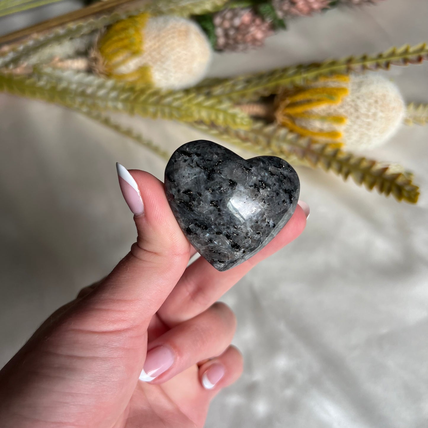 Flashy Larvikite Heart Carving from Norway