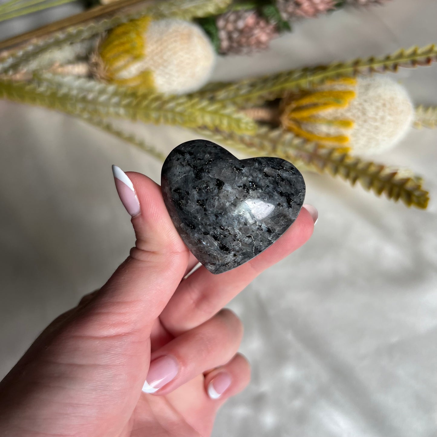 Flashy Larvikite Heart Carving from Norway