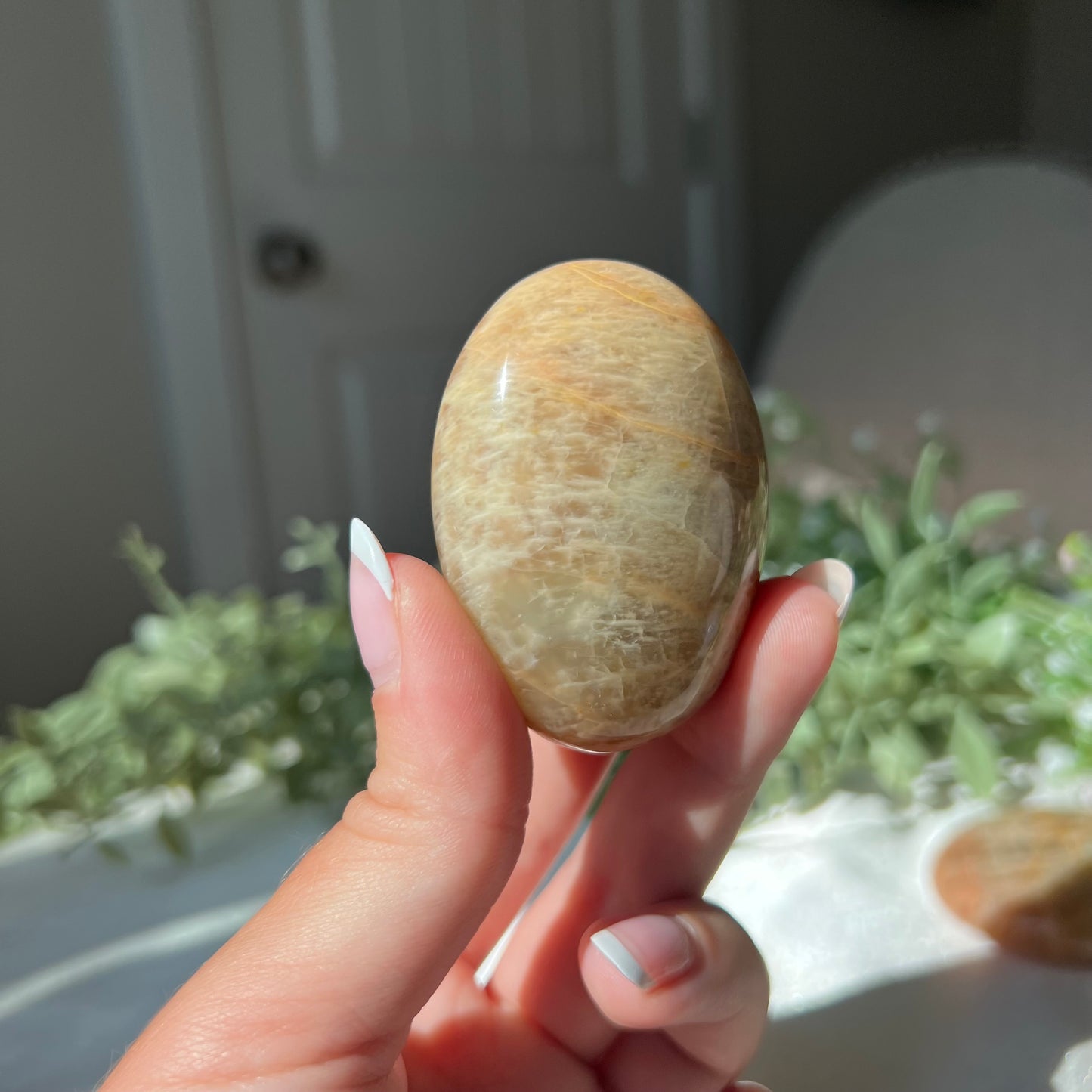 Peach Moonstone Palm Stone from Madagascar