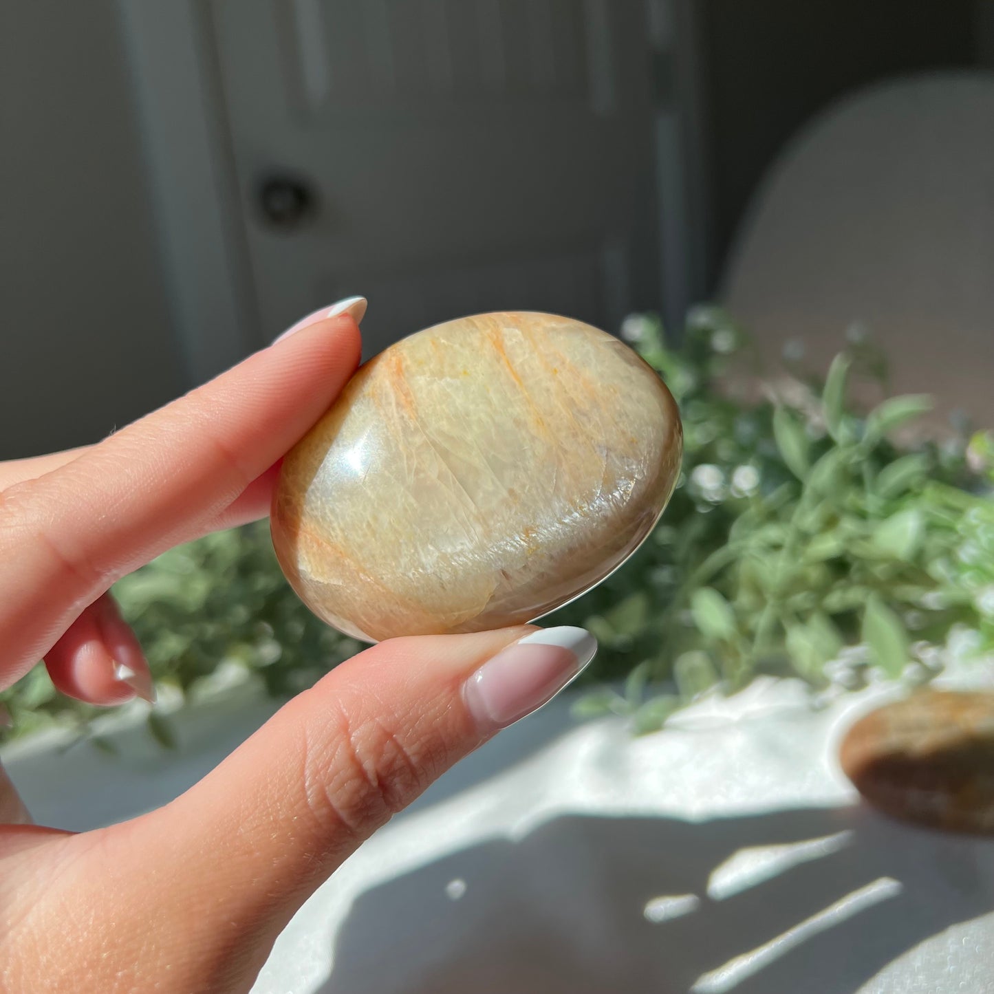 Peach Moonstone Palm Stone from Madagascar