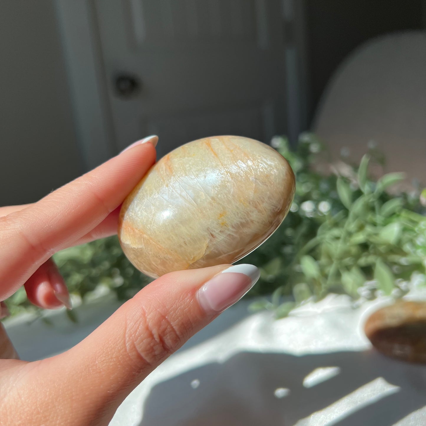 Peach Moonstone Palm Stone from Madagascar