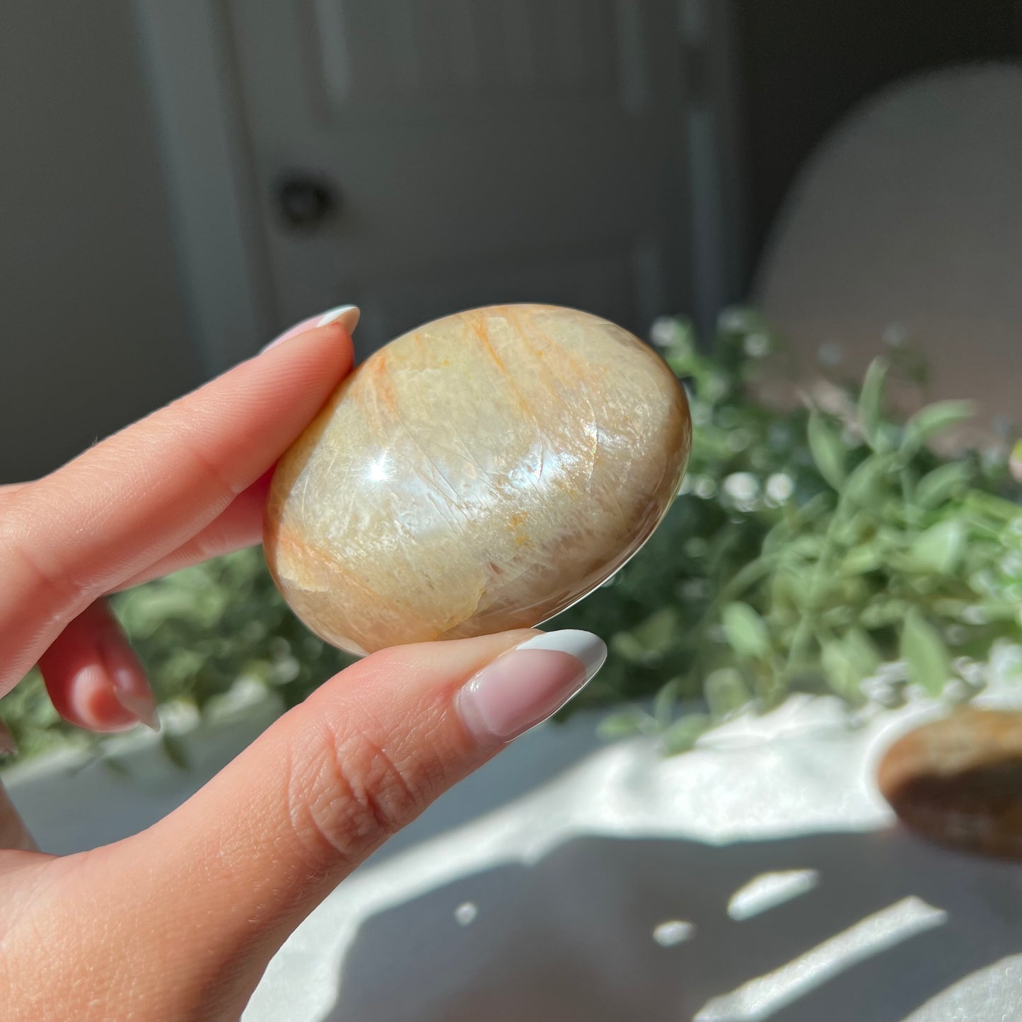 Peach Moonstone Palm Stone from Madagascar