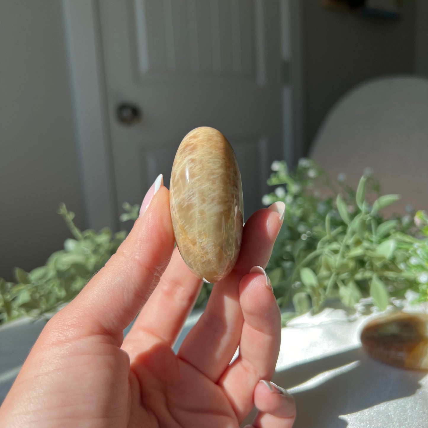 Peach Moonstone Palm Stone from Madagascar