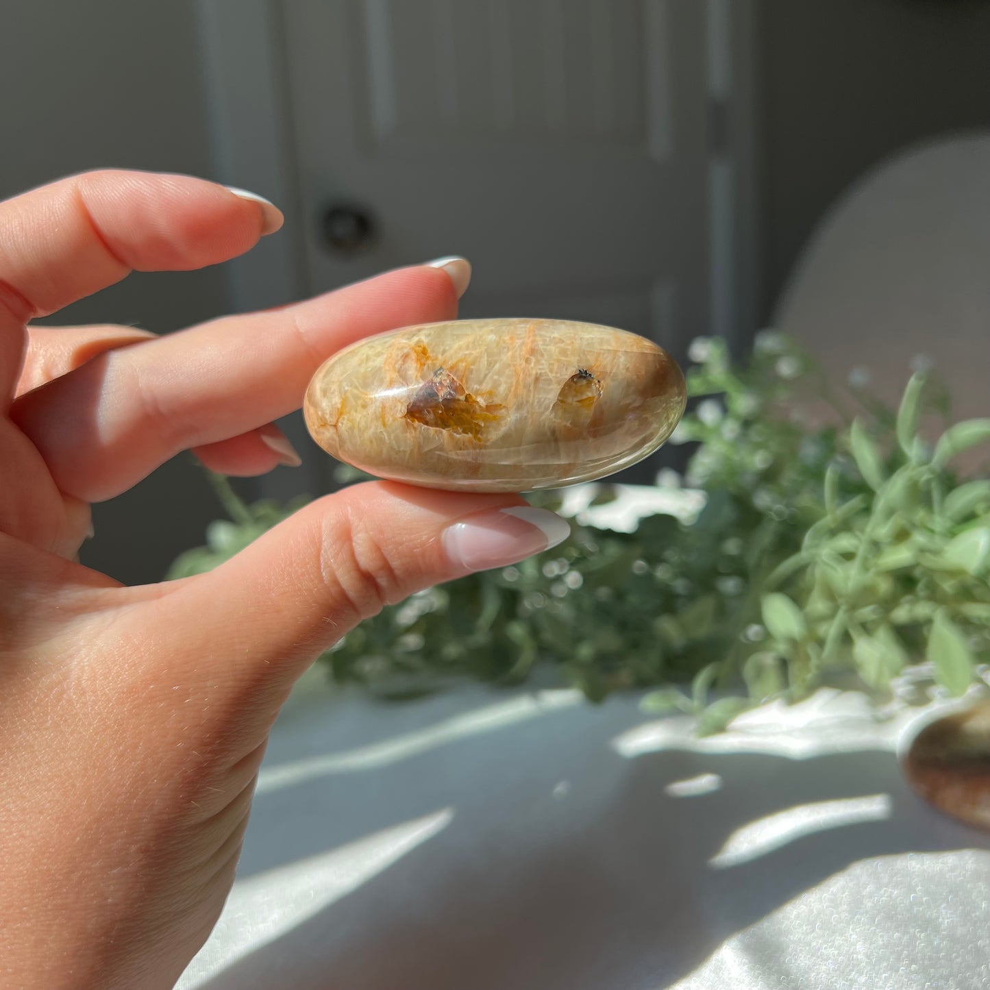 Peach Moonstone Palm Stone from Madagascar