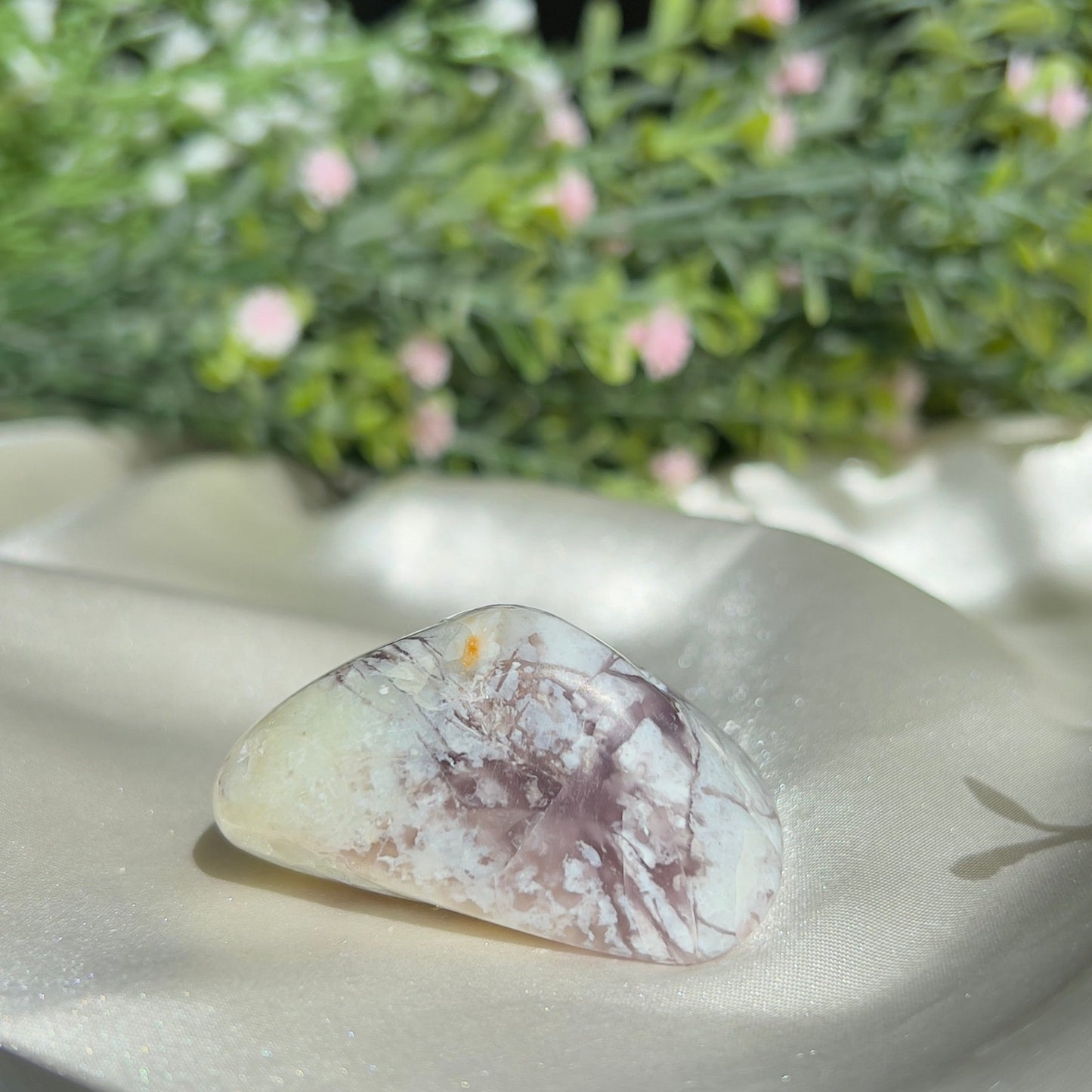 Polished by us and locally sourced: Rare Amethyst Plume Agate with Sunflower Opal from Utah - Polished Freeform