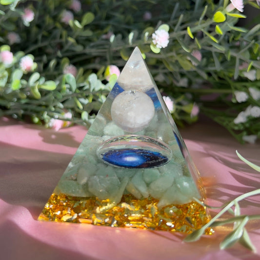 Orgonite Pyramid with Quartz Ball for Orgone Energy, Epoxy Resin, Reiki Healing, Meditation Decor