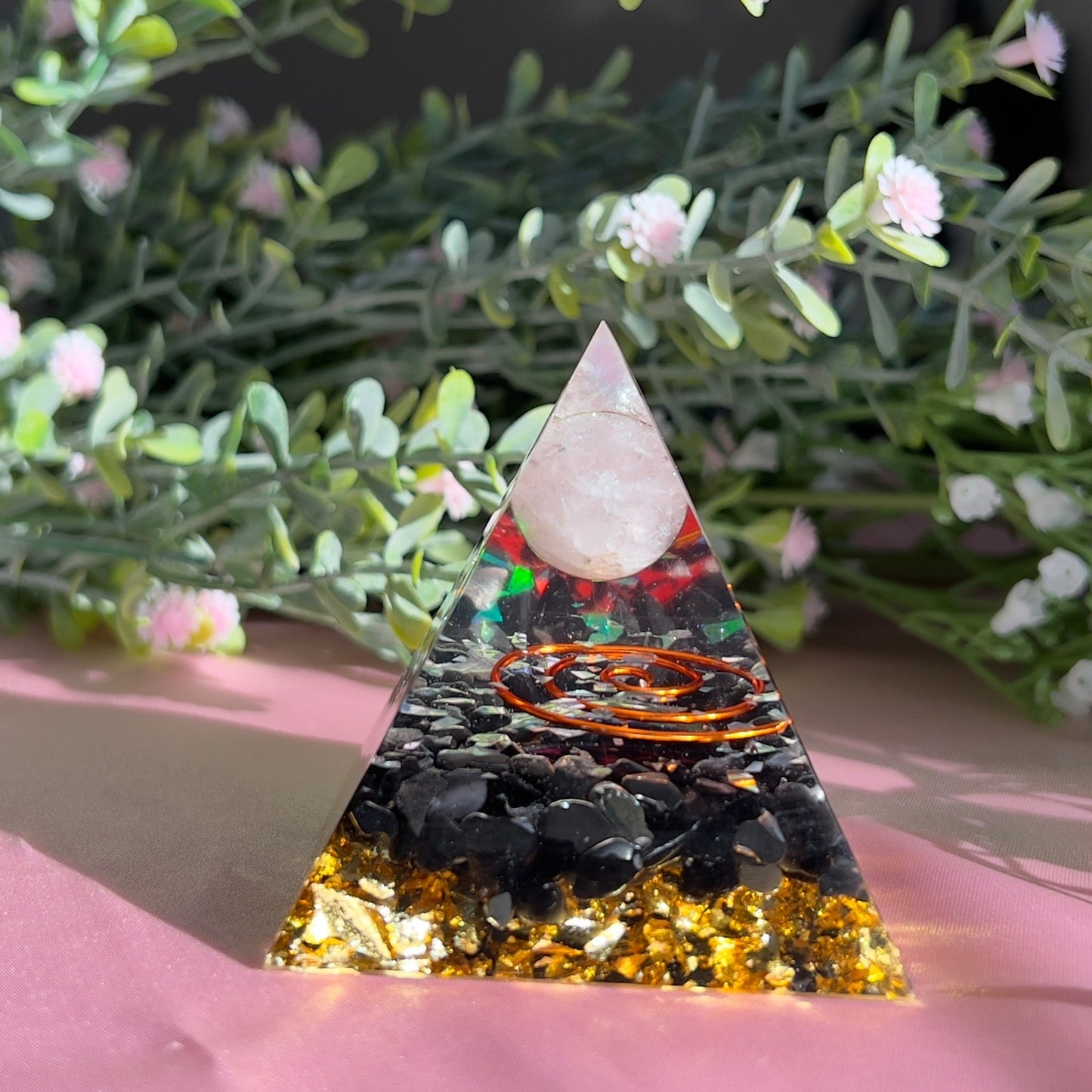 Orgonite Pyramid with Quartz Ball for Orgone Energy, Epoxy Resin, Reiki Healing, Meditation Decor