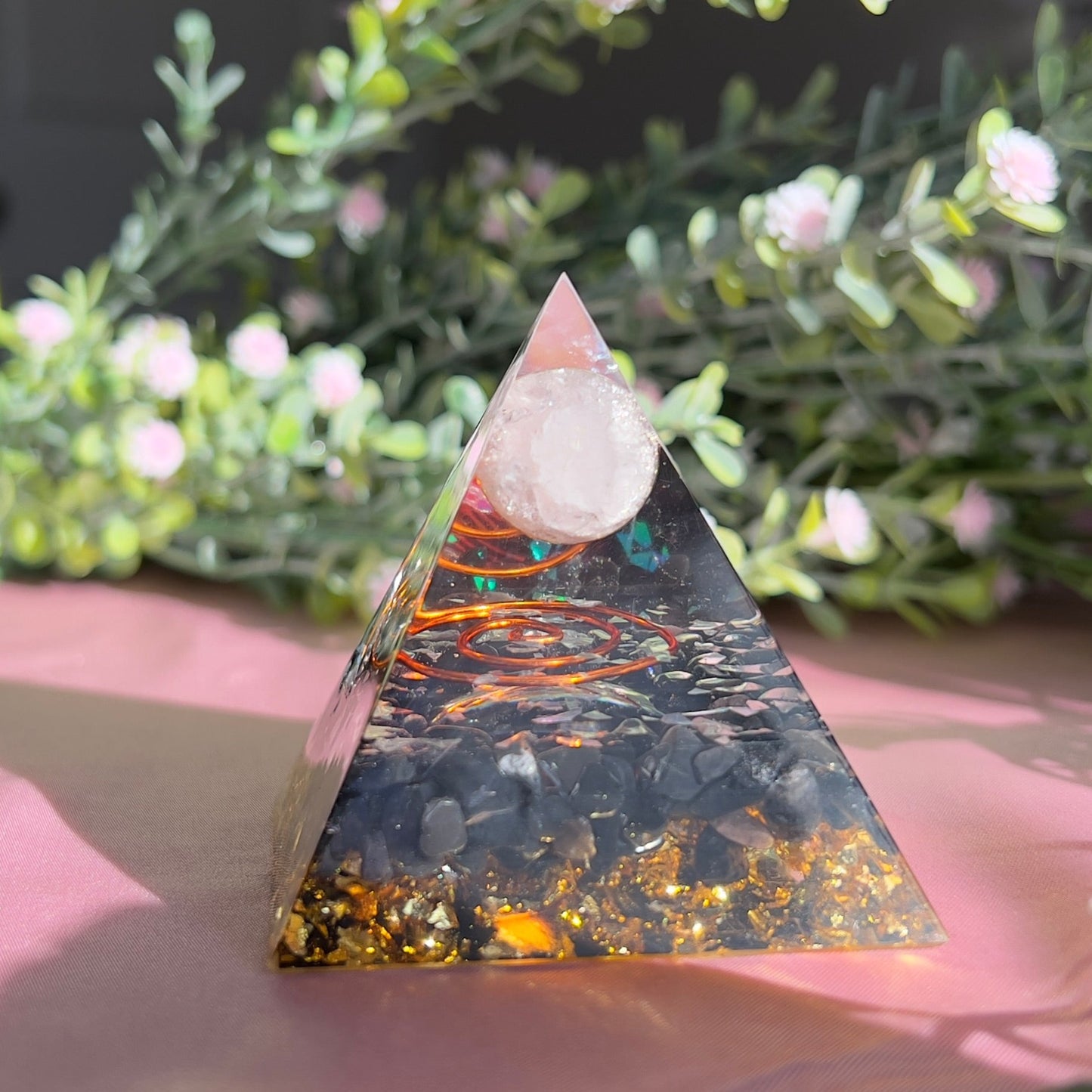 Orgonite Pyramid with Quartz Ball for Orgone Energy, Epoxy Resin, Reiki Healing, Meditation Decor