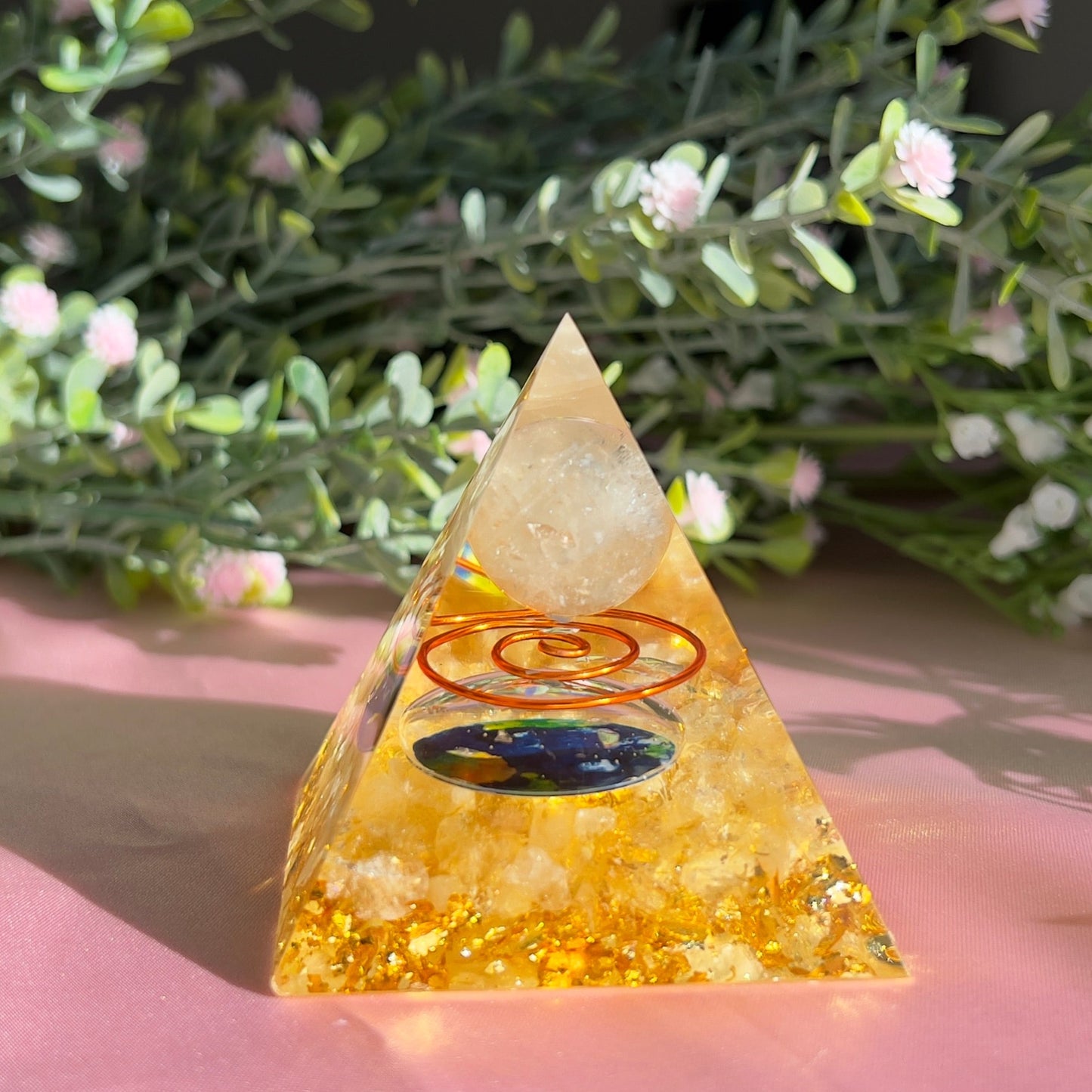 Orgonite Pyramid with Clear Quartz Ball for Orgone Energy, Epoxy Resin, Reiki Healing, Meditation Decor