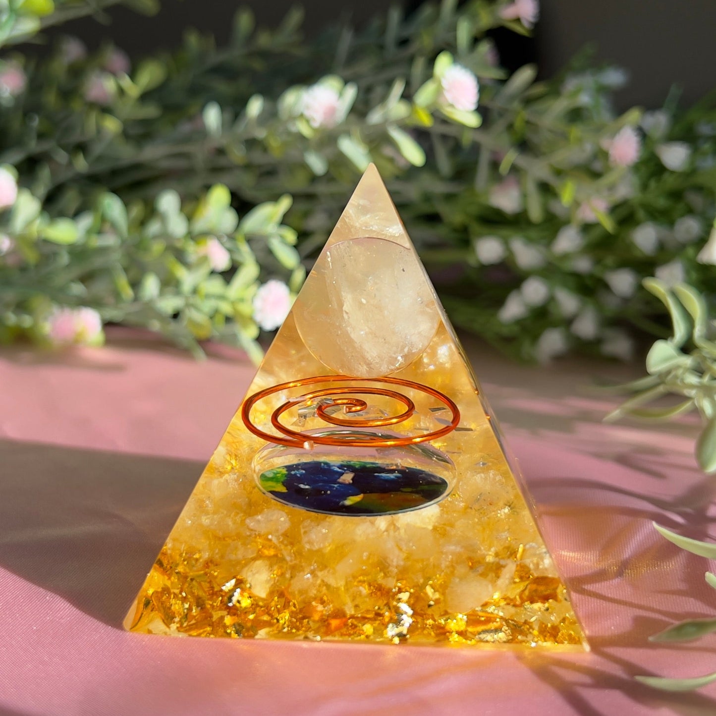 Orgonite Pyramid with Clear Quartz Ball for Orgone Energy, Epoxy Resin, Reiki Healing, Meditation Decor