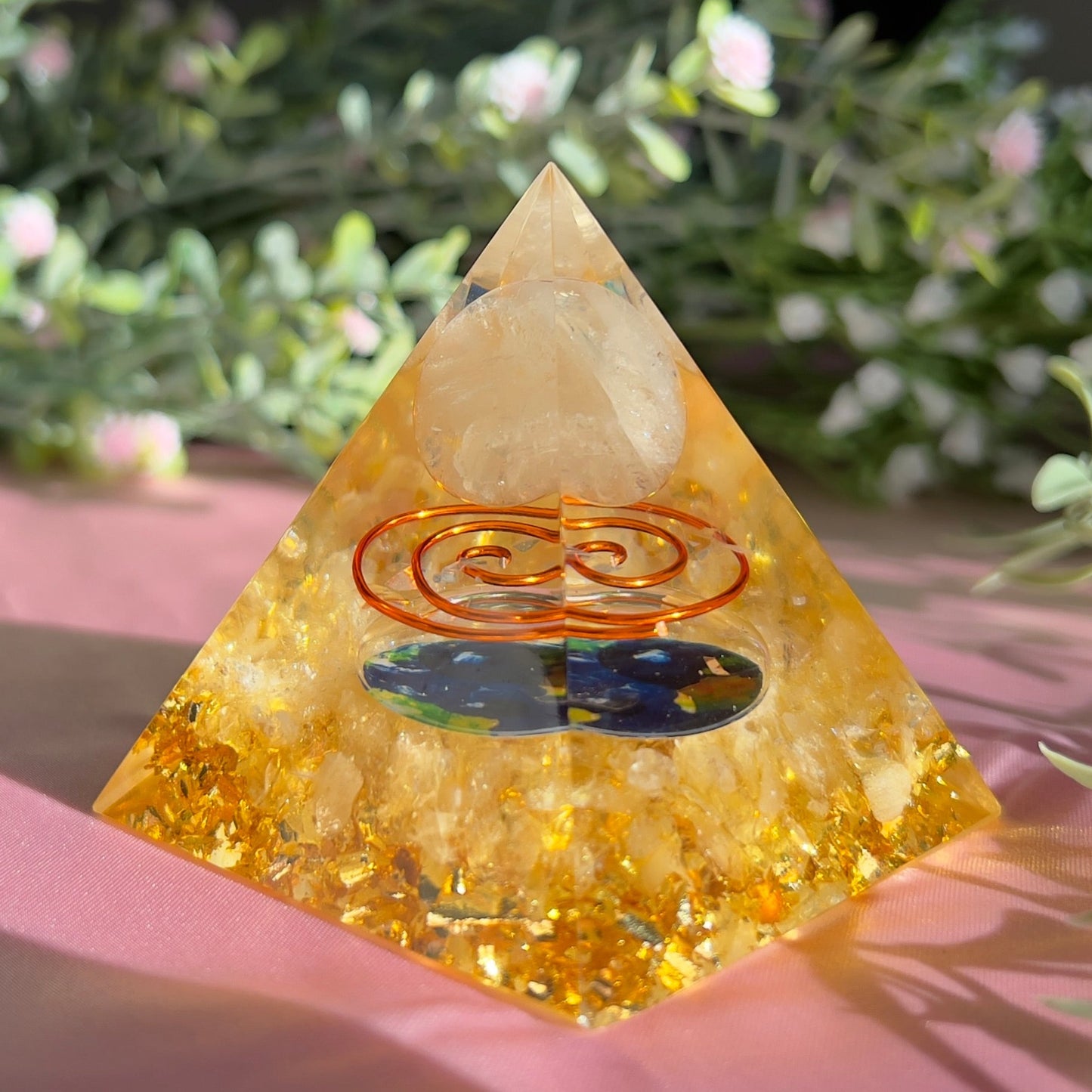 Orgonite Pyramid with Clear Quartz Ball for Orgone Energy, Epoxy Resin, Reiki Healing, Meditation Decor