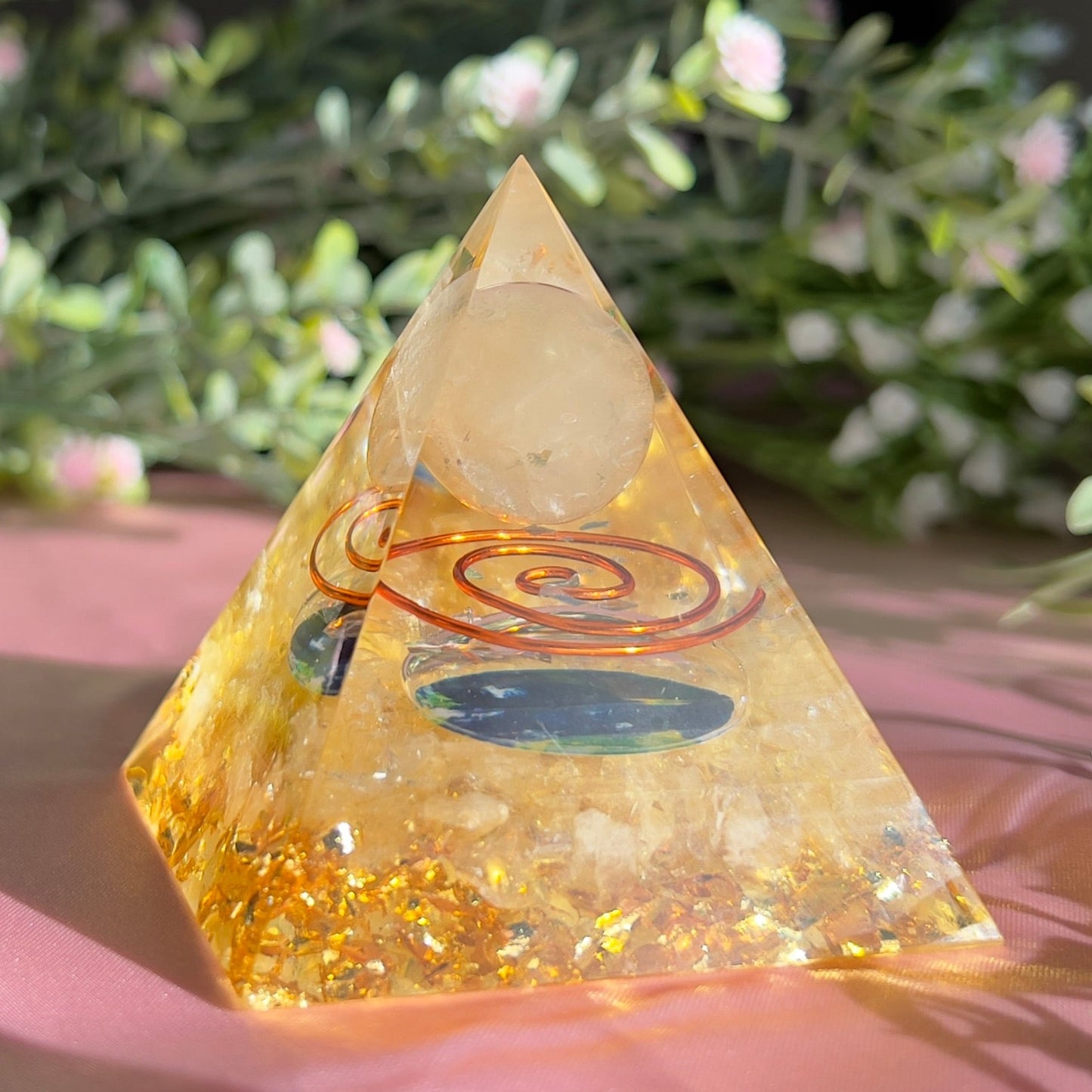 Orgonite Pyramid with Clear Quartz Ball for Orgone Energy, Epoxy Resin, Reiki Healing, Meditation Decor